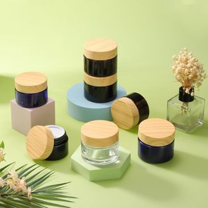 Pot cosmétique de luxe en verre ambré avec couvercle noir, en plastique ambré à grain de bois de bambou, vide, 30g, 50g, 60g, 2oz, pour crème corporelle et beurre corporel - Product Image 5