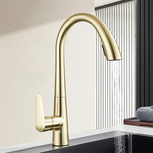 Robinet de cuisine extractible en acier inoxydable 304 doré brossé, eau chaude et froide, monocommande, col de cygne rotatif - Product Image 1