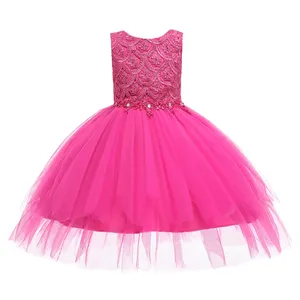 Robe en tulle rose pour fille de 2 à 10 ans, magnifique robe princesse respirante, avec gros nœud, superposée, perles, fleurs