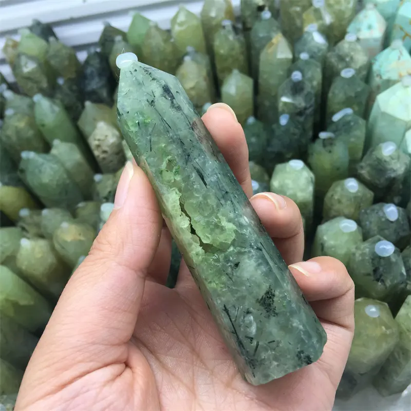 Wholesale Natural Prehnite Quartz Crystal Tower Black Quartz Green Grape Rutilated Points