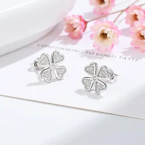 Fine 925 Sterling Silver With Rhodium Plated Clover Leaf Stud Earrings For Girl
