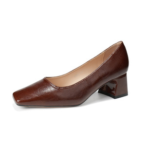 5688A Square Toe Pumps Medium <b>Block</b> Heel Genuine Leather <b>Rubber</b> Outsole Anti Slip Office Shoes For Women - Product Image 5