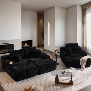 Set <span class=keywords><strong>Divano</strong></span> Moderno in Velluto a Coste <span class=keywords><strong>Nero</strong></span>, <span class=keywords><strong>Divano</strong></span> a 3 Posti con Poltrona, Arredamento Modulare per Soggiorno, Appartamento, Casa, Villa - Product Image 3