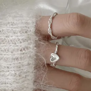 学生S925纯银女式戒指设计利基甜心扭曲编织戒指爱心简单戒指