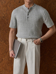 T-shirt en tricot à col <span class=keywords><strong>Henry</strong></span> style <span class=keywords><strong>Old</strong></span> Money pour homme, manches courtes, été - Product Image 3