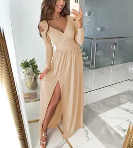 Womens Autumn Long Sleeved V Neck Solid Split Womens Apparel Cold Shoulder Girl Business Evening Dress