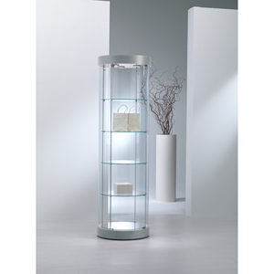 Vitrina Redonda de Vidrio Templado 57x190cm Gris Claro con Puerta con Cierre y Bisagras, Iluminación LED y Estantes Ajustables - Product Image 1