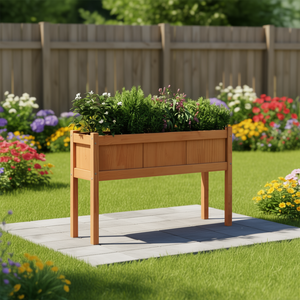 Solid Pine Wood Garden Planter <b>Rectangular</b> Elevated <b>Flower</b> <b>Pot</b> For Outdoor Use Brown Finish Elegant Design - Product Image 2