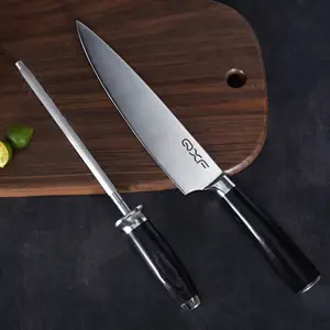 Nuovo Design 2 pezzi Set di coltelli da cucina Set di coltelli da cuoco asta per affilare e coltello da cuoco da 8 ''con manico in legno di ebano