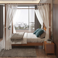 Lit double en bois massif, lit à baldaquin de style nordique chinois, lit moderne et simple avec rideau, quatre piliers
