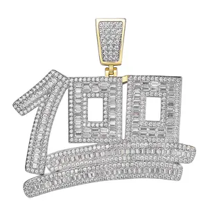 Pingente de número Bling Baguette Cz 100 banhado a ródio High End para rapper