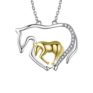 Ожерелье из серебра 925 пробы, кулон с двойной лошадью, позолоченное ожерелье в виде животного 18 карат, ювелирные изделия, подарок на день матери