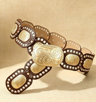 Ceinture Western Personnalisée pour Femme, Large, Marron, avec Boucle Métallique Dorée Ornée et Gravée, Accessoire pour Femme