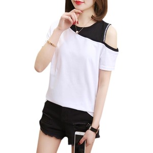 Vêtements pour femmes Mode d'été Casual Patchwork All-match Color Blocking O-neck Female Off Shoulder Appear Thin Short Sleeve Tops - Product Image 5