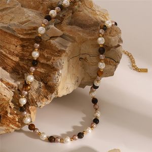 JFJEWER 18K oro Acero inoxidable piedra natural y concha perla Ojo de Tigre Boho collar de cuentas 42 + 5cm declaración de moda única - Product Image 4