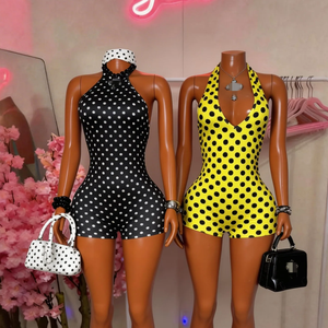 <span class=keywords><strong>Tuta</strong></span> intera sexy da <span class=keywords><strong>donna</strong></span> con stampa a pois e patchwork, scollo a V profondo, senza schienale, stile streetwear - Product Image 1