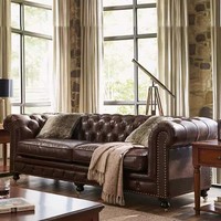 Canapé vintage minimaliste en cuir véritable, capitonné, avec accoudoirs roulés, garniture à clous, pieds en bois massif, pour usage domestique et commercial