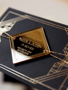 Cartes d'invitation Art Déco Great Gatsby Save the Date Gold Mirror Geometric Plexi Magnet Gold Foil Black - Product Image 2