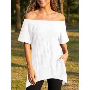Haut en tricot côtelé pour femmes, épaules dénudées, manches courtes, tunique décontractée d'été, ourlet asymétrique, blanc - Product Image 3
