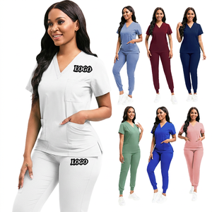 Custom Logo Women's <b>Scrub</b> Sets V-Neck Top Pants Hospital Uniforms Cotton Polyester Knitted Breathable Work <b>Clothes</b> - Product Image 1