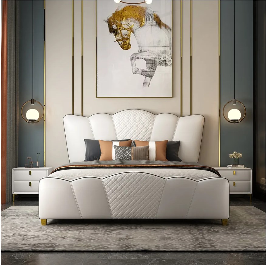 Milky curved headboard cal King bed white microfiber leather platform bed