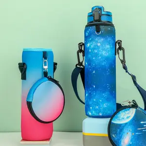 benutzerdefiniertes logo 1l neopren trinken reißverschluss münze geldbörse tasche wasserflasche schlinge halter Ärmel tasche mit verstellbarem schulterband