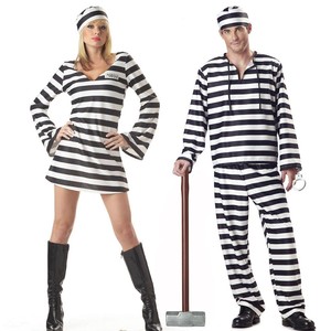Disfraz de prisionero, mono y vestido a rayas con sombrero para mujeres y hombres, traje de juego de rol para fiesta de Halloween, M Xl - Product Image 2