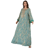 Abaya musulmane en polyester brodé or, maille respirante, col en V, poignets à plumes, kaftan, robe de soirée islamique modeste, pour femmes du Moyen-Orient