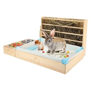 Station d'alimentation pour lapins en bois avec panier à foin et bouteille d'eau pour petits animaux - Product Image 4