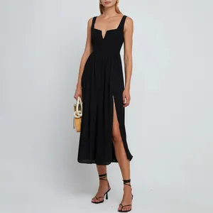 Custom Casual Elegant Midi Long Slit Pleated Black Chiffon Dress For Women