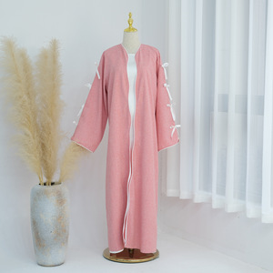 2024 grosir pakaian Linen Islami Cardigan Abaya terbuka dengan ikatan simpul pakaian wanita Abaya gaun Muslim wanita - Product Image 6