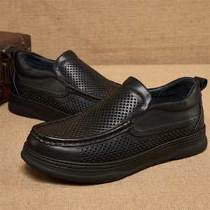 Mocassins en cuir véritable pour hommes, chaussures décontractées respirantes à bout rond, à enfiler, pour l'été - Product Image 1