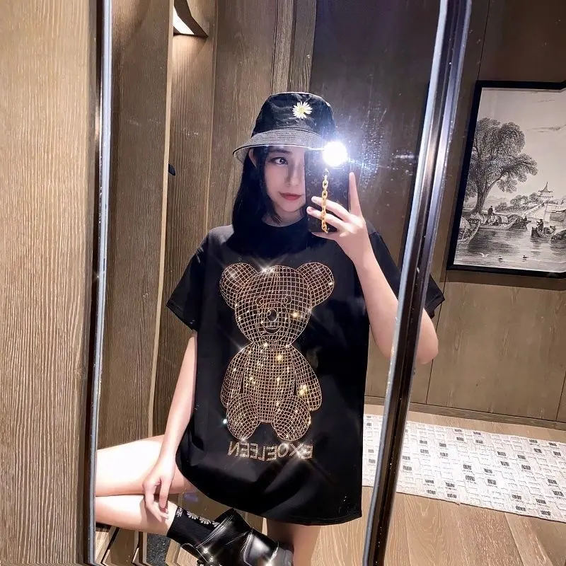 Women Print letter Oversize Sequined Top Short Sleeve Bling Shiny Top Lady sparkling Hot drilling T Shirt graphic Tops for Woman