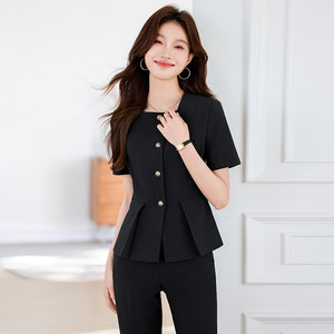 Women's Dark Gray Short Sleeve Suit Set Elegant Professional Work Uniform Summer Anti-Wrinkle Worsted Fabric Short Skirt - Product Image 4