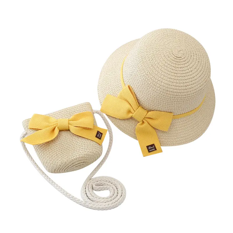 ชุดหมวกฟางและกระเป๋าเด็กน่ารัก2-6ปี5สีพร้อมโบว์สายรัดลมเด็กวัยหัดเดินหมวกกันแดดชายหาดเด็กฤดูร้อน