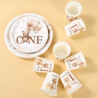 Décorations de premier anniversaire pour garçon, assiettes, serviettes, gobelets, couverts pour 10 invités, motif ours en peluche