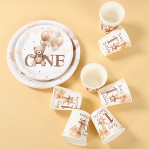 Décorations de premier <span class=keywords><strong>anniversaire</strong></span> pour garçon, assiettes, serviettes, gobelets, couverts pour 10 invités, motif ours en peluche - Product Image 2