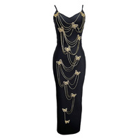 Robe de soirée en cachemire à bretelles spaghetti, coupe crayon, longueur midi, séchage rapide, avec chaîne de diamants et motif papillon doré, pour la vente en ligne