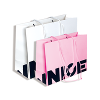 Sac de shopping rose personnalisé avec logo de marque de luxe, écologique, blanc, pour boutique de chaussures, avec longue poignée et ruban