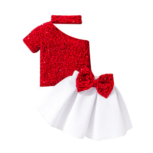 Nouvelle mode Ensemble fille été Rouge Top à épaules dénudées à paillettes Jupe bouffante Poudre <span class=keywords><strong>de</strong></span> fard à joues Vêtements pour enfants <span class=keywords><strong>de</strong></span> Noël - Product Image 4