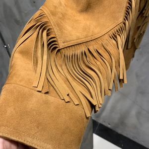 Chaquetas de Estilo Americano Color Borgoña 2025, Chaqueta Corta de Cuero Genuino con <span class=keywords><strong>Flecos</strong></span> para Mujer - Product Image 4
