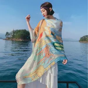 Lenço de seda de poliéster com pintura famosa, estampado elegante para mulheres