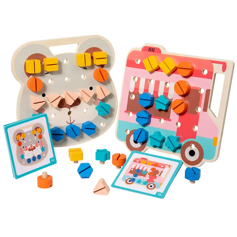 2023 नए कस्टम मोंटेसरी बच्चों के लिए लकड़ी के असेंबलिंग स्क्रू नट रंग आकार मिलान खेल बोर्ड शैक्षिक खिलौने