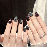 Faux Ongles Noirs Ovales à Presser, Motif Gothique Toile d'Araignée, Œil de Super-Héros, Étoile Chromée, Chaîne de Pierres Précieuses, Faits Main, Lot de 10 Faux Ongles