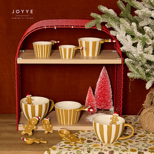 Tasse à café en céramique JOYYE originale, en forme de bonhomme en pain d'épices gaufré et à rayures jaunes gingembre - Product Image 6