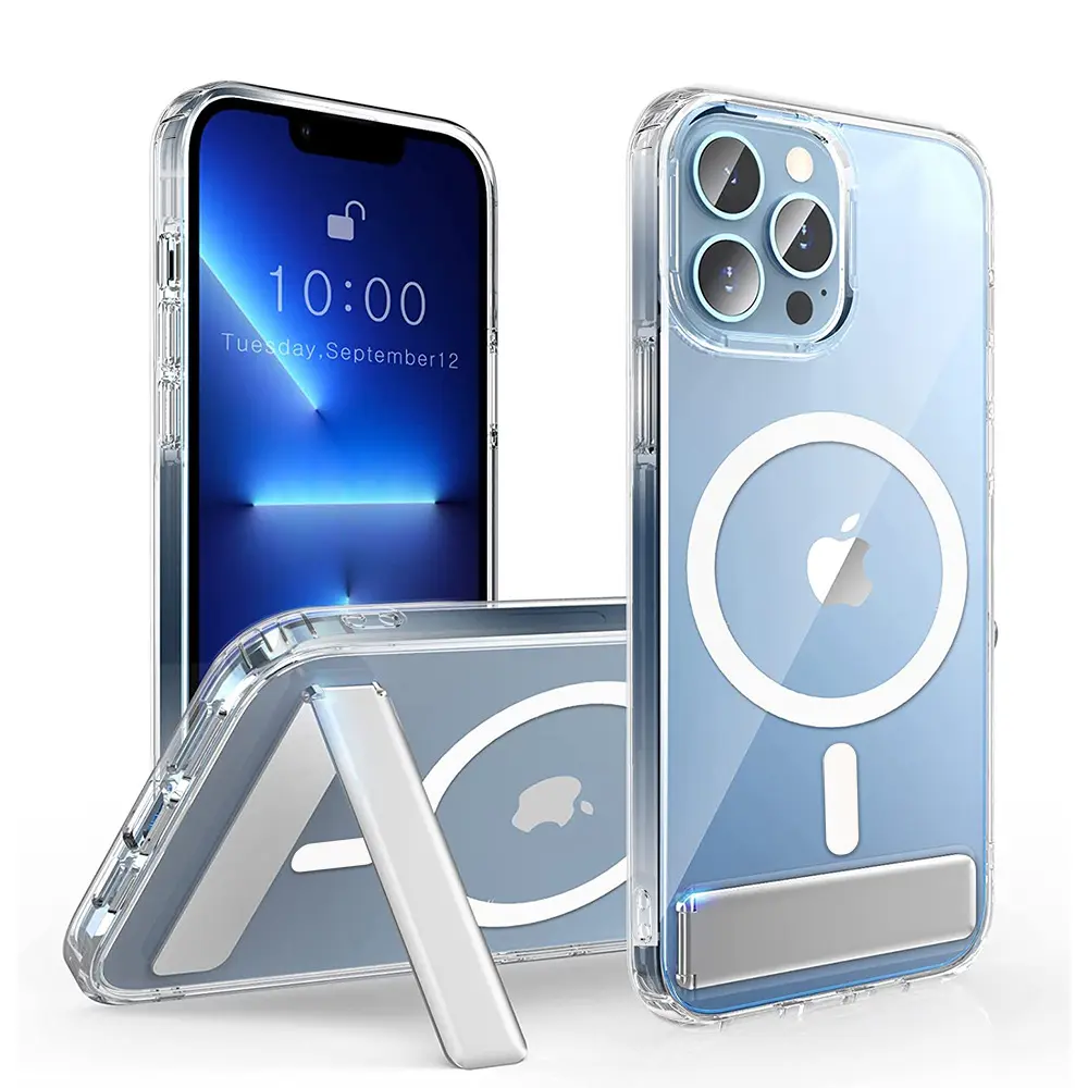 New wholesale clear magnetic phone case with aluminum kickstand transparent shockproof cover with stand for iPhone 13 14 pro max