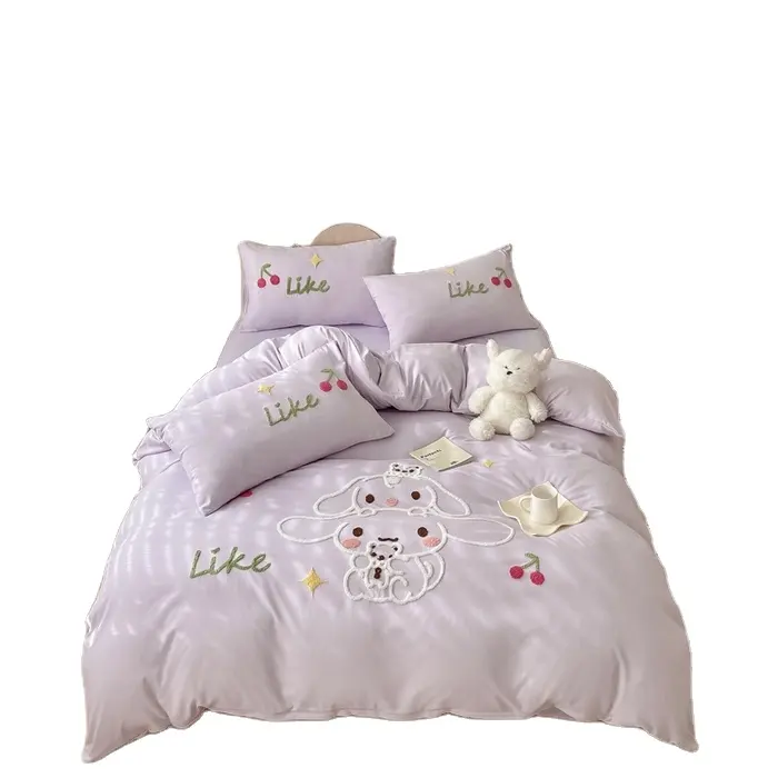 Lovely washed microfiber cotton like towel embroidery flocking four pieces bedding set collections