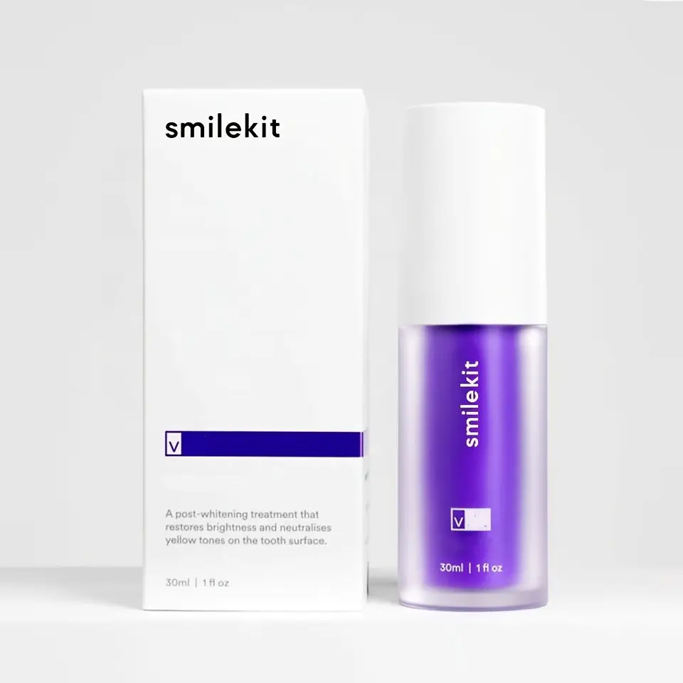 Smilekit creme dental cor roxa 30ml Cor Roxa Soro Branqueamento Dentes Remover Stain Formula pode fazer logotipo privado