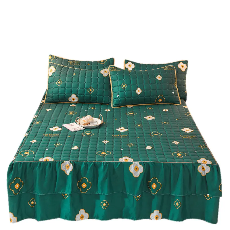 Printed Padded Quilted Fitted Bed Skirt for Bedroom Dormitory Apartment Hotel Bed Skirt King
