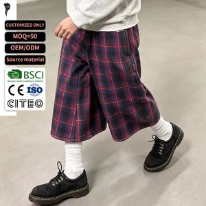 Men Red Black <b>Plaid</b> Cropped Wide Leg Pants Side Zipper Design Vintage Tartan Loose 7/8 Length Casual <b>Trousers</b> - Product Image 1